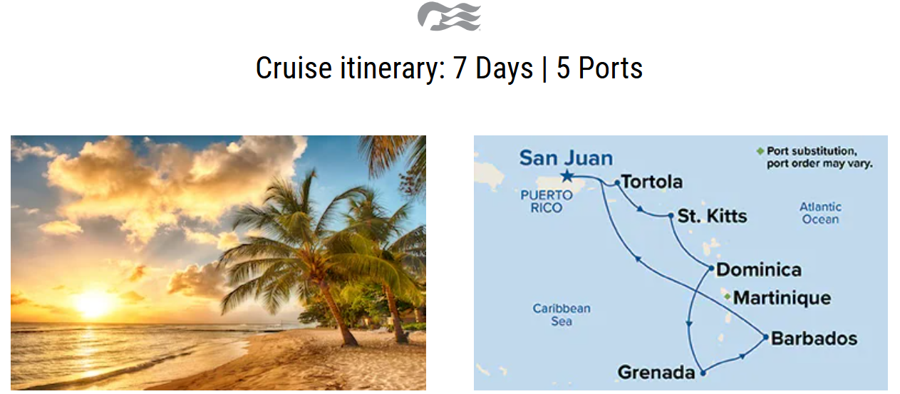Carte de la Croisière Caraïbes St-Valentin 2027 sur le Crown Princess